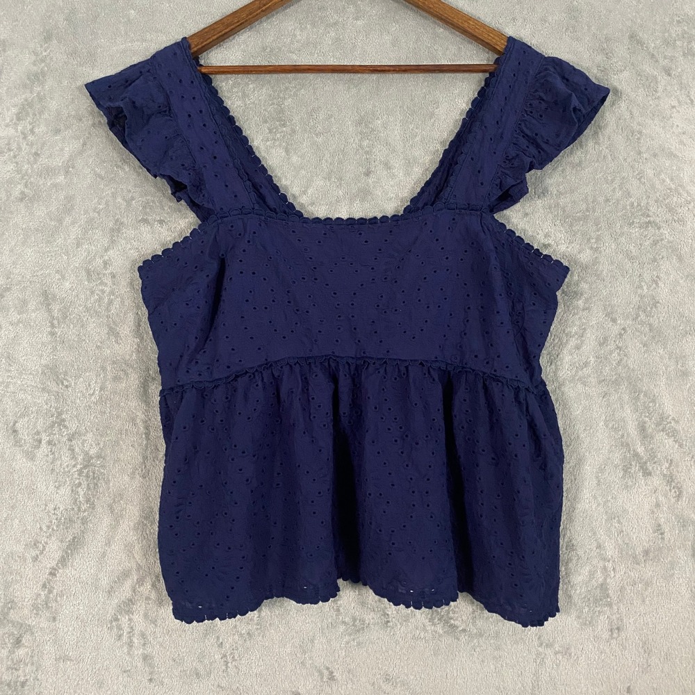 Torrid Belle Isle Sz 0‎ Navy Blue Eyelet Lace Smocked Babydoll Ruffle Strap Top